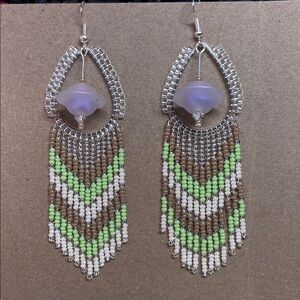 UFO Silver and Green Beaded Earrings